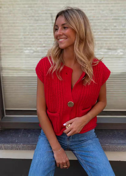 Chunky Knit Vest In Rich Red Texture