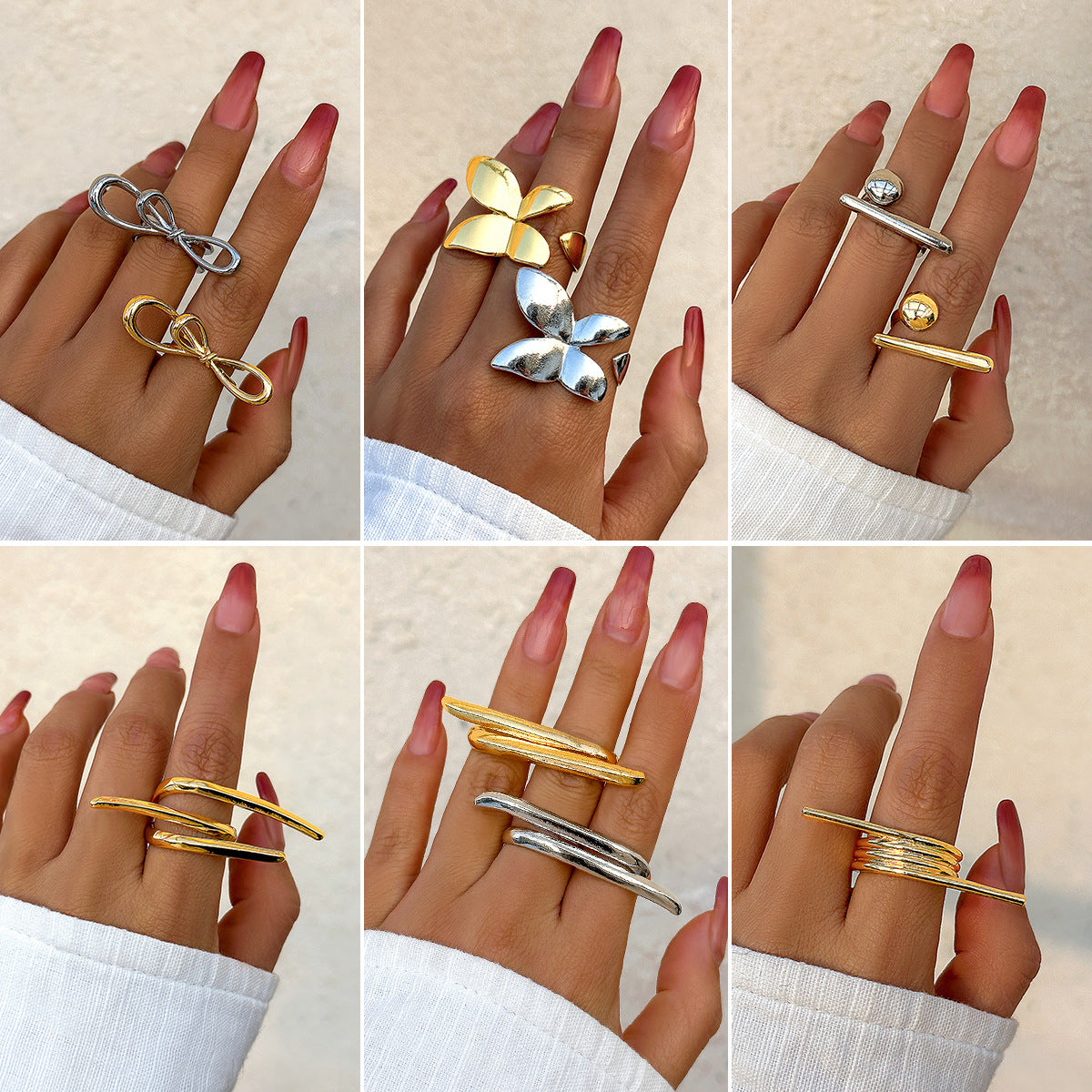 French Butterfly Ring Metal Glossy Double-Finger Fashion Ring