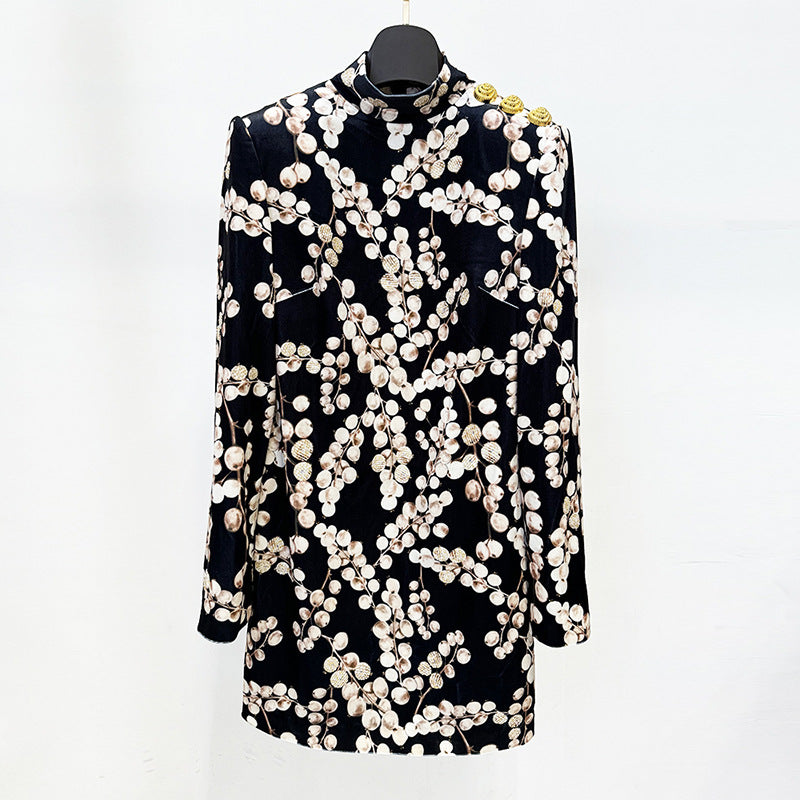 Velvet Long Sleeve Dress With Beaded Floral Print