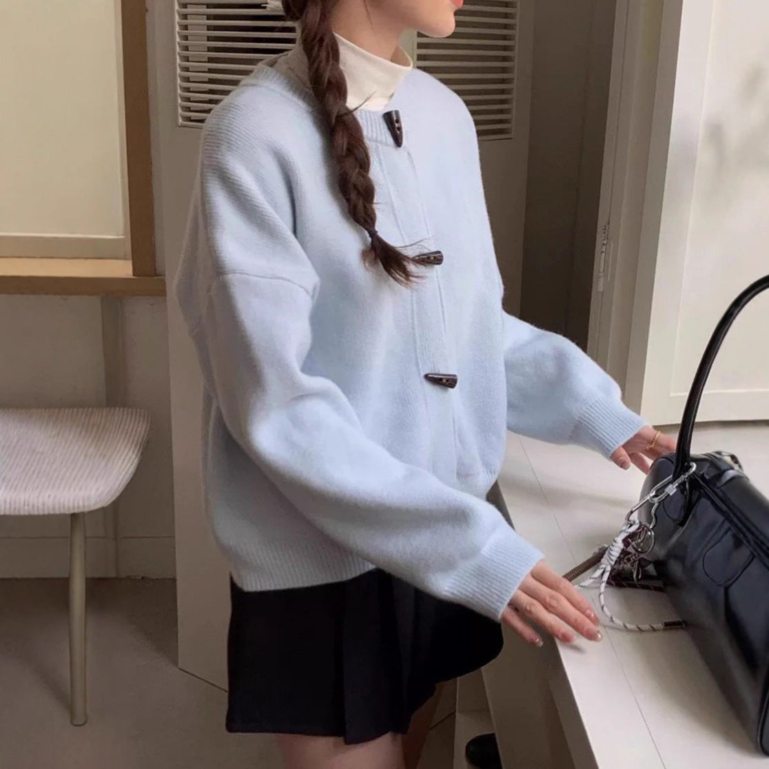 Retro Solid Color Toggle Button Knit Cardigan