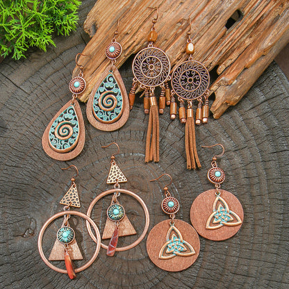 Geometric Alloy Earrings Stylish Bohemian Wood Dangle Earrings
