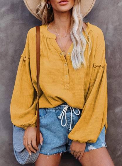 Solid Color Mosaic Lantern Sleeve Button V-Neck Casual Shirt Woman