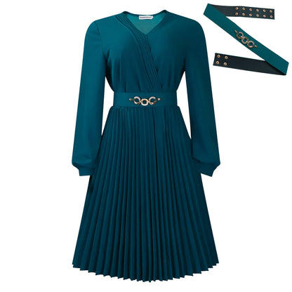 Elegant V-Neck Pleated Midi Dress With Belt