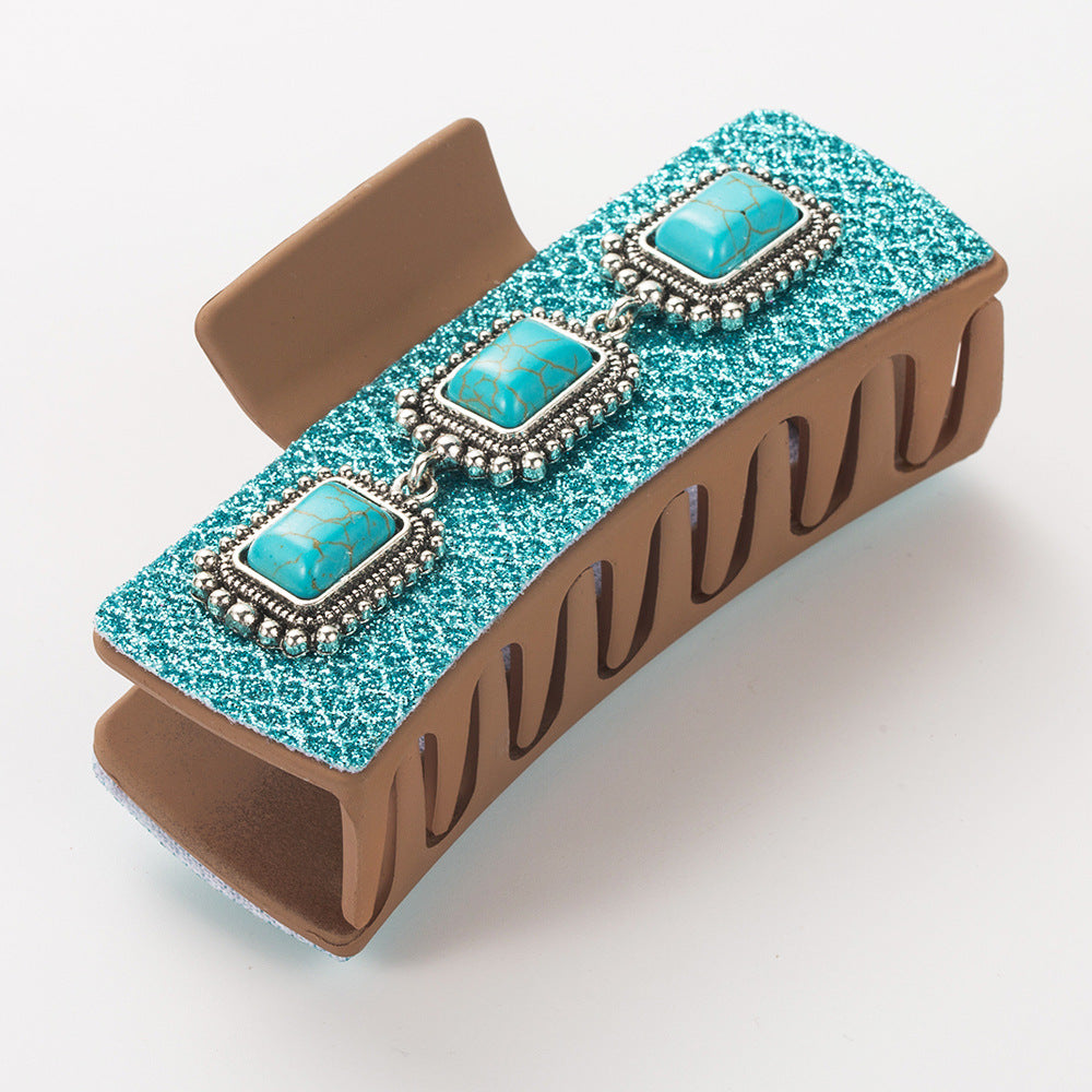 Vintage Leopard Print Hair Claw Clips with Alloy & Turquoise Accents