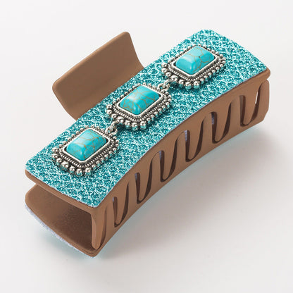 Vintage Leopard Print Hair Claw Clips with Alloy & Turquoise Accents