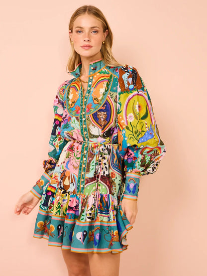Fashionable Printed Linen Cardigan Dress with A-Line Silhouette