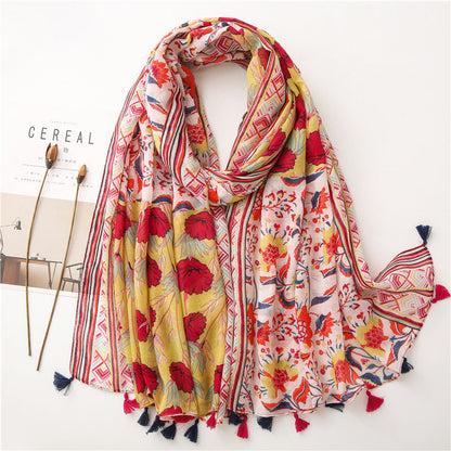 Japanese Literary And Artistic Fresh Cotton And Linen Scarf Retro Patchwork Bohemian Cashew Print Silk Scarf Beautiful Sunscreen Scarf