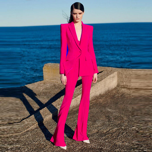 Trendy Blazer And Flared Pants Set In Fuchsia