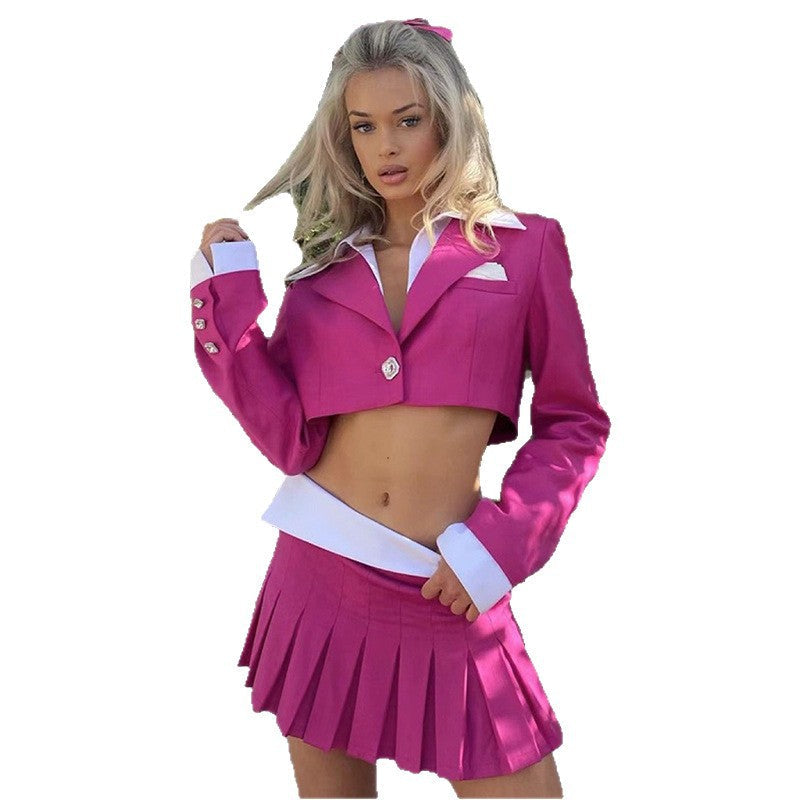 Color Block Crop Blazer And Mini Skirt Set