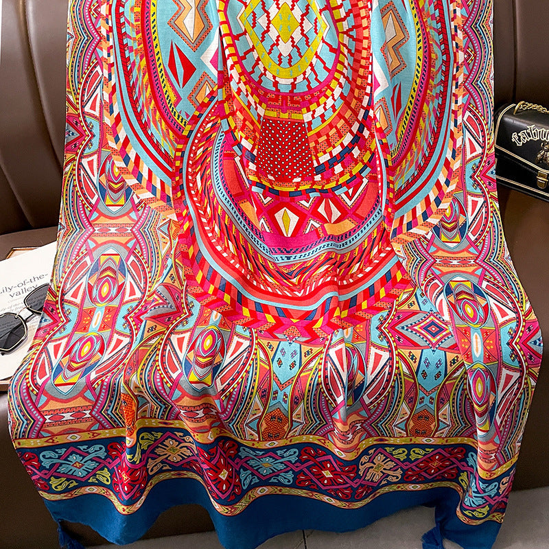 Ethnic Style Spring And Autumn New Blue Cotton Hemp Feel Thin Scarf With Flower Splice Fragmented Flower Retro Versatile Shawl