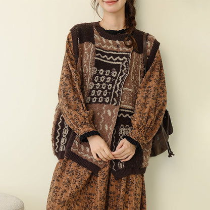 Retro Knitted Sleeveless Vest Geometric Pattern Cozy Top