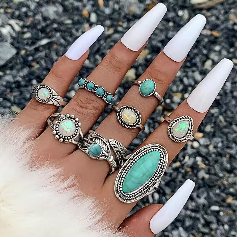 Bohemian Style Carved Feather Turquoise Ring Set