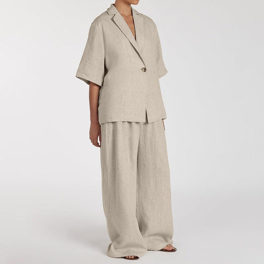 Casual Linen Two-Piece Set with Button Front Cardigan
