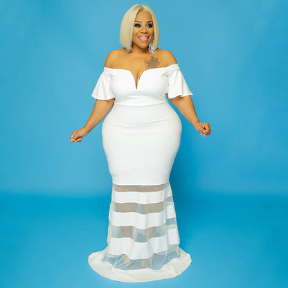 Plus Size V-Neck Sheer Fashion Dress With Flared Sleeves