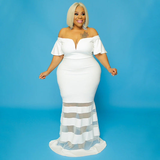 Plus Size V-Neck Sheer Fashion Dress With Flared Sleeves