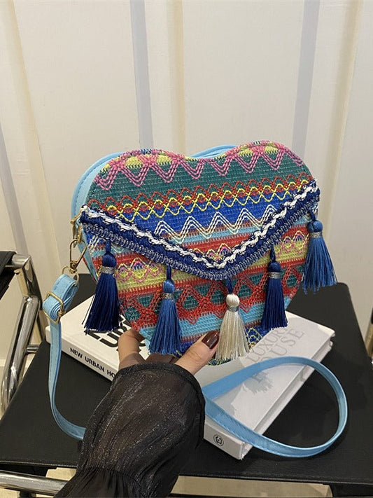 Retro Fashion Heart-Shaped Shoulder Bag Woven Tassel Crossbody