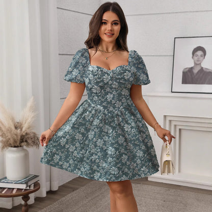 French Square Neck Dress Casual A-Line Dress in Sea Blue