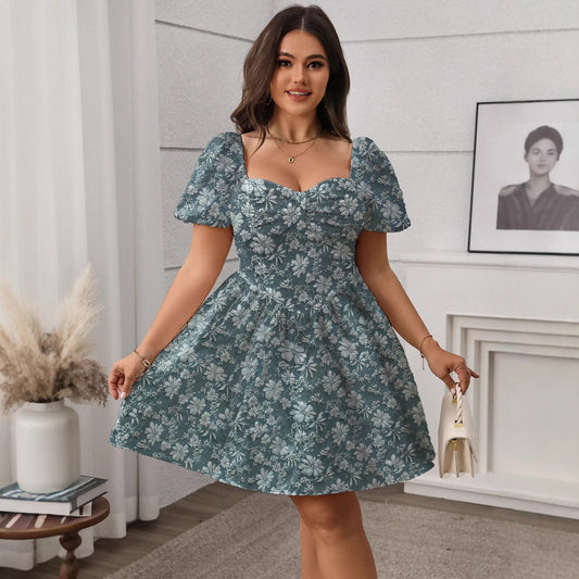 French Square Neck Dress Casual A-Line Dress in Sea Blue