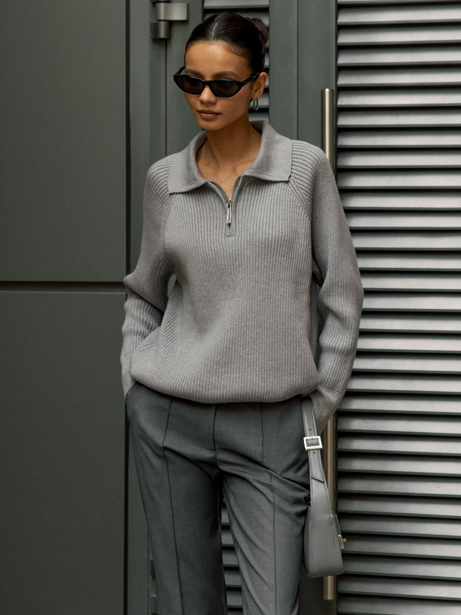 Solid Color Zipper Sweater Loose Knit Sweater