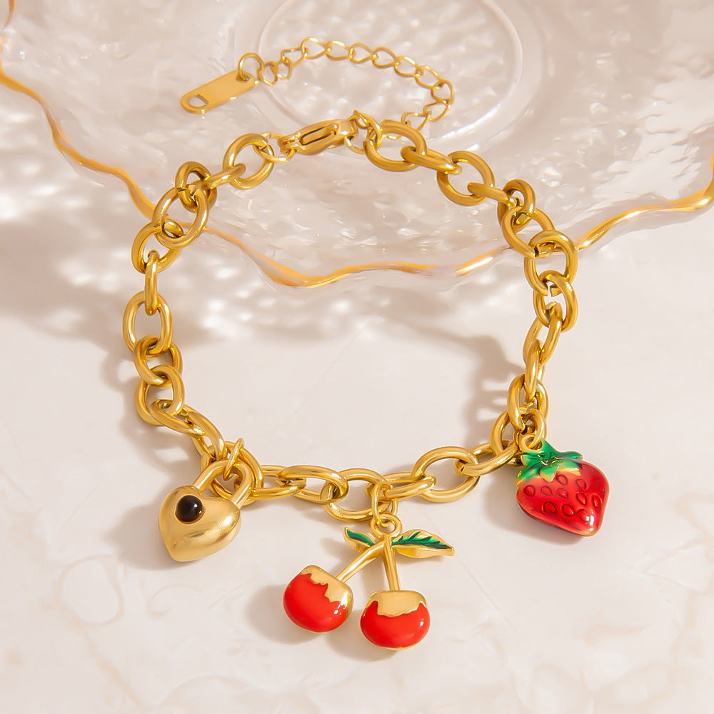 Cherry Strawberry Pendant Bracelet Stainless Steel Fashion Jewelry for Women