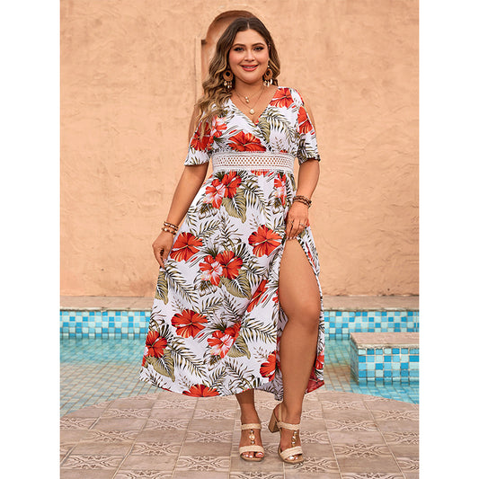 White Floral Print Off-Shoulder Dress V-Neck Loose Maxi Dress