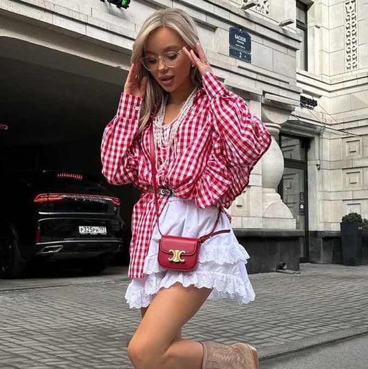 Cotton Plaid Women's Shirt With Ruffle Collar Casual Cardigan
