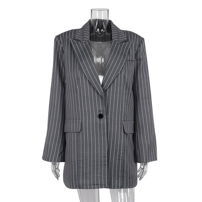 Striped Blazer And Skirt Set Chic Casual Polyester Outfit
