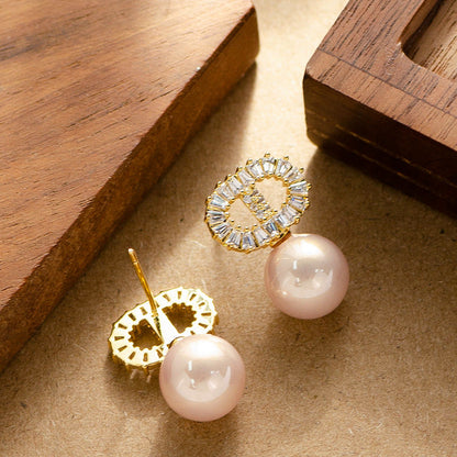 Elegant Cd Letter Pearl Stud Earrings With Rhinestones