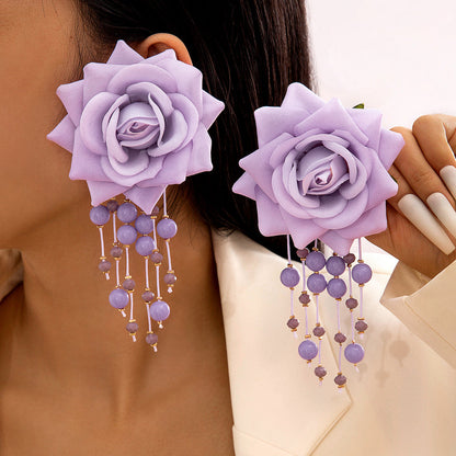 Trendy Geometric Turquoise Floral Earrings With Beaded Tassels
