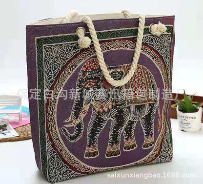 Double-Sided Ethnic Style Embroidery Bag Women'S Live Embroidery Peacock Elephant Canvas Bag