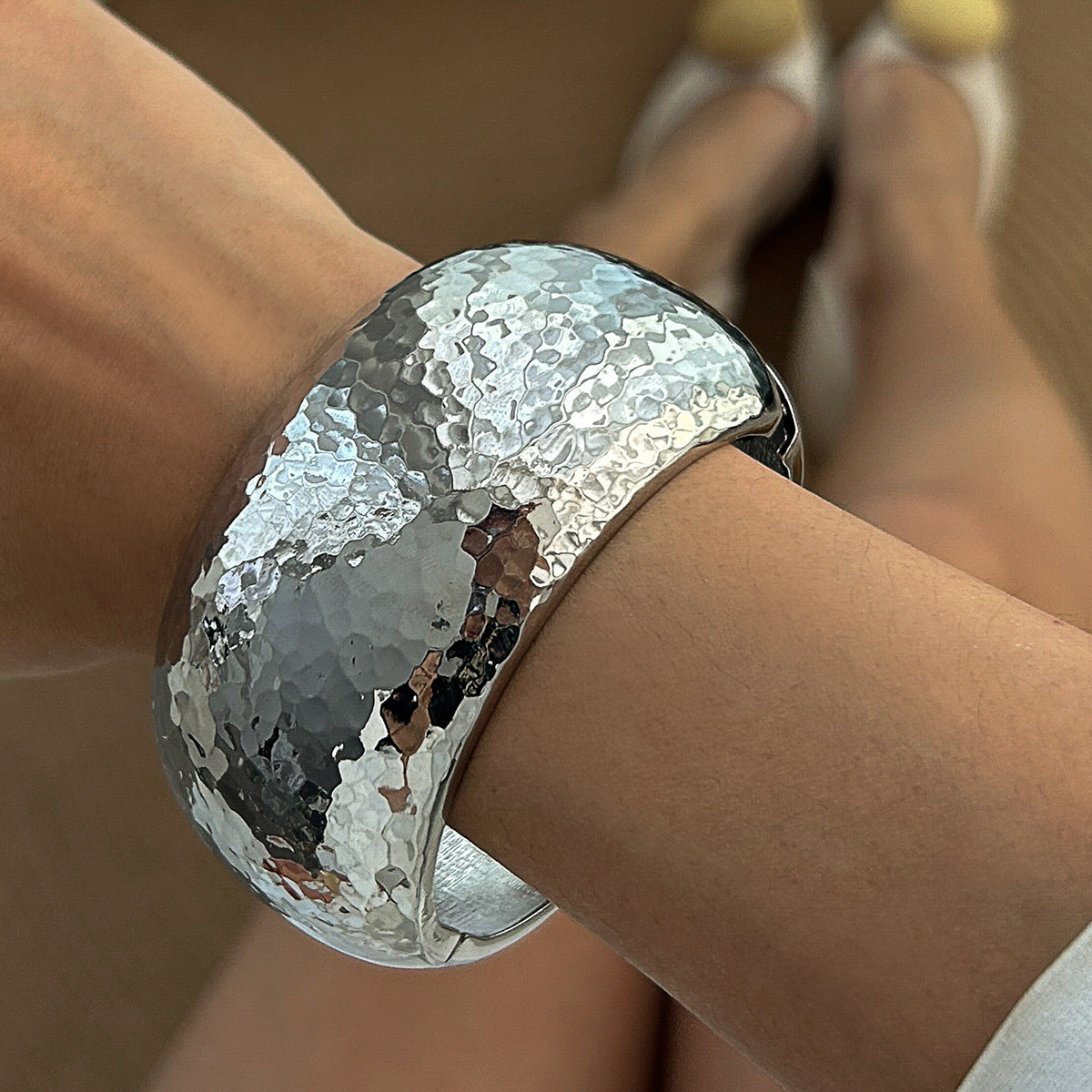 Trendy Wide Band Hammered Finish Bracelet Set