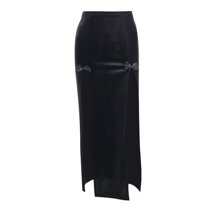 Punk Style High Waist Split Maxi Skirt with Bow