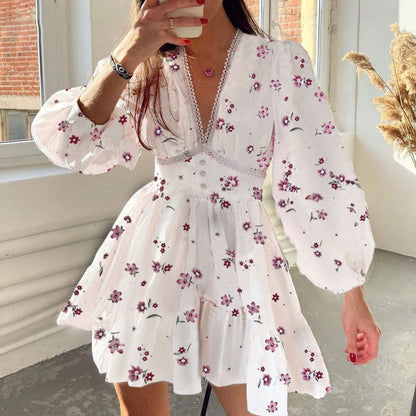 Floral Lace Short Dress With V-Neckline and Lantern Sleeves