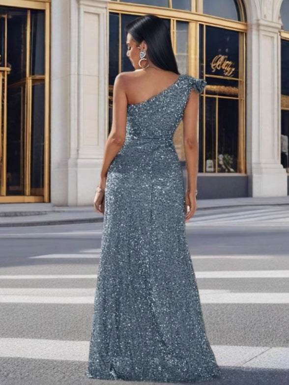 Silver Sequin A-Line Maxi Dress With One Shoulder Design
