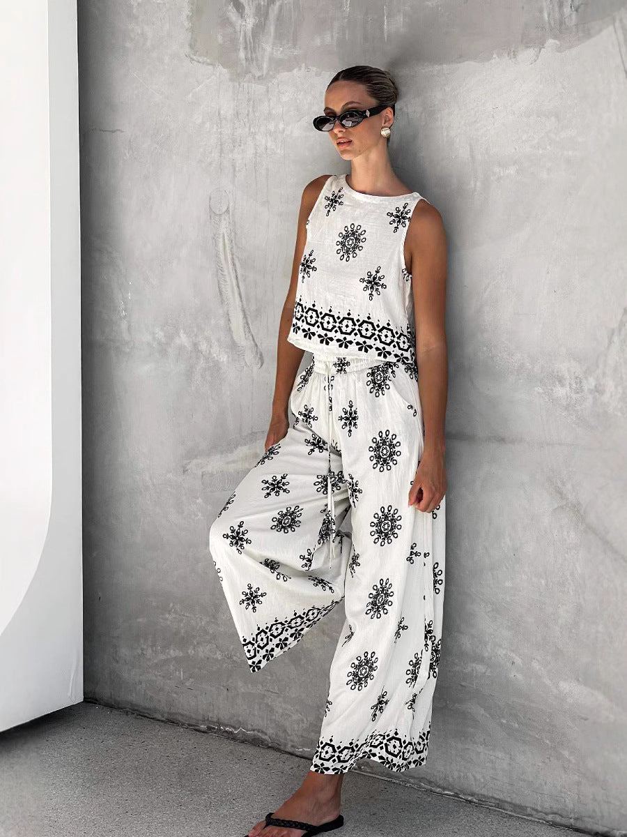 Elegant Floral Linen Waistcoat & Wide-Leg Trousers Set
