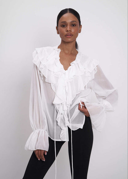 Sheer Chiffon Blouse With Ruffled Bell Sleeves