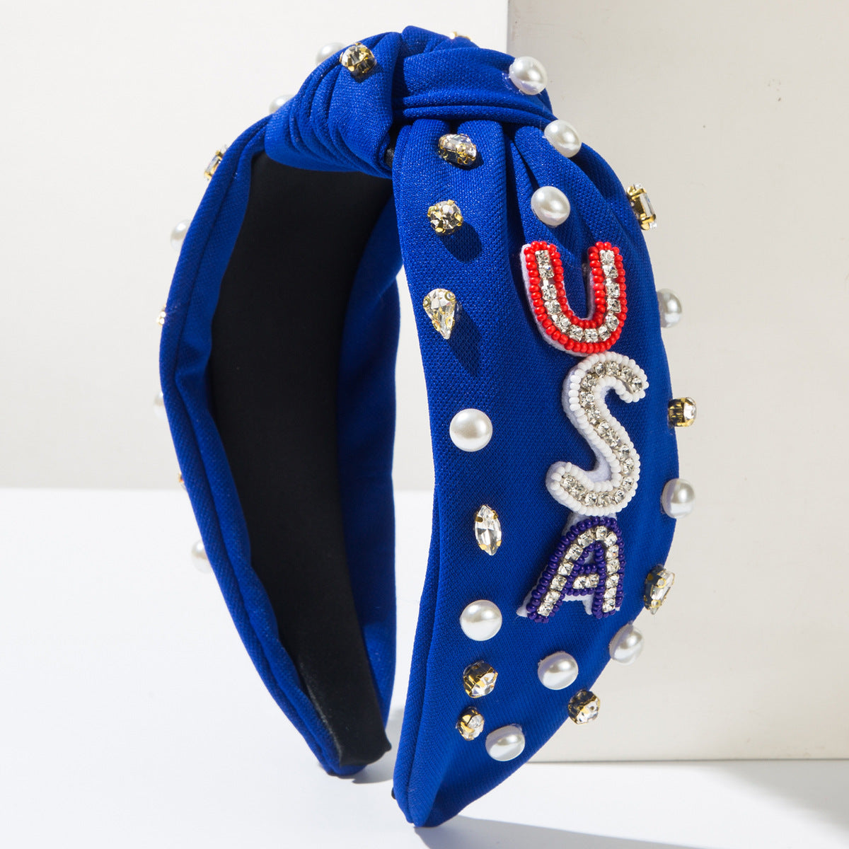 USA Flag Headband with Rhinestones and Pearls