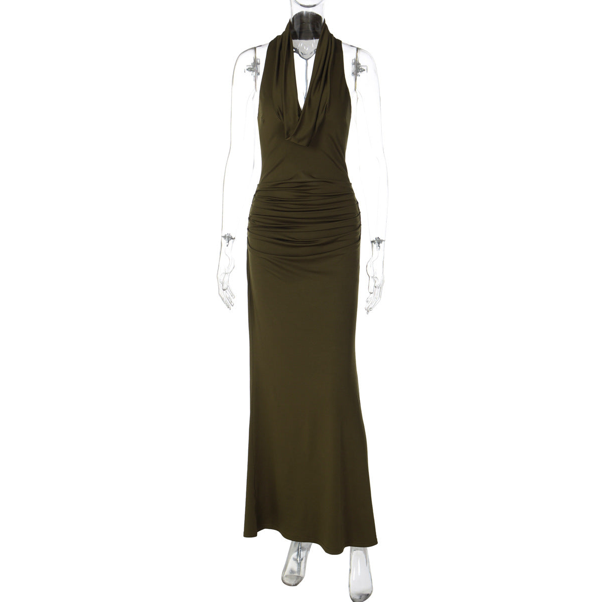 Elegant Backless Ruched Maxi Dress in Black and Burgundy