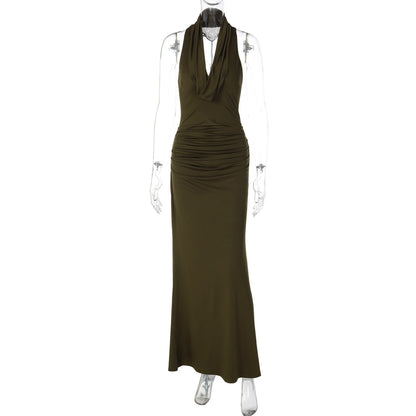Elegant Backless Ruched Maxi Dress in Black and Burgundy