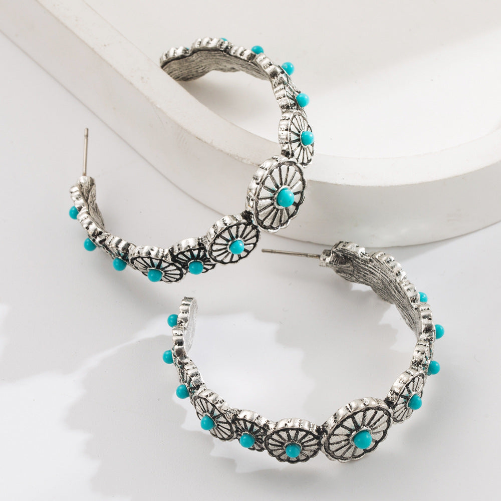 Exaggerated C-Shaped Earrings with Turquoise Accent