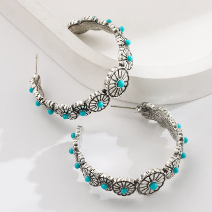 Exaggerated C-Shaped Earrings with Turquoise Accent