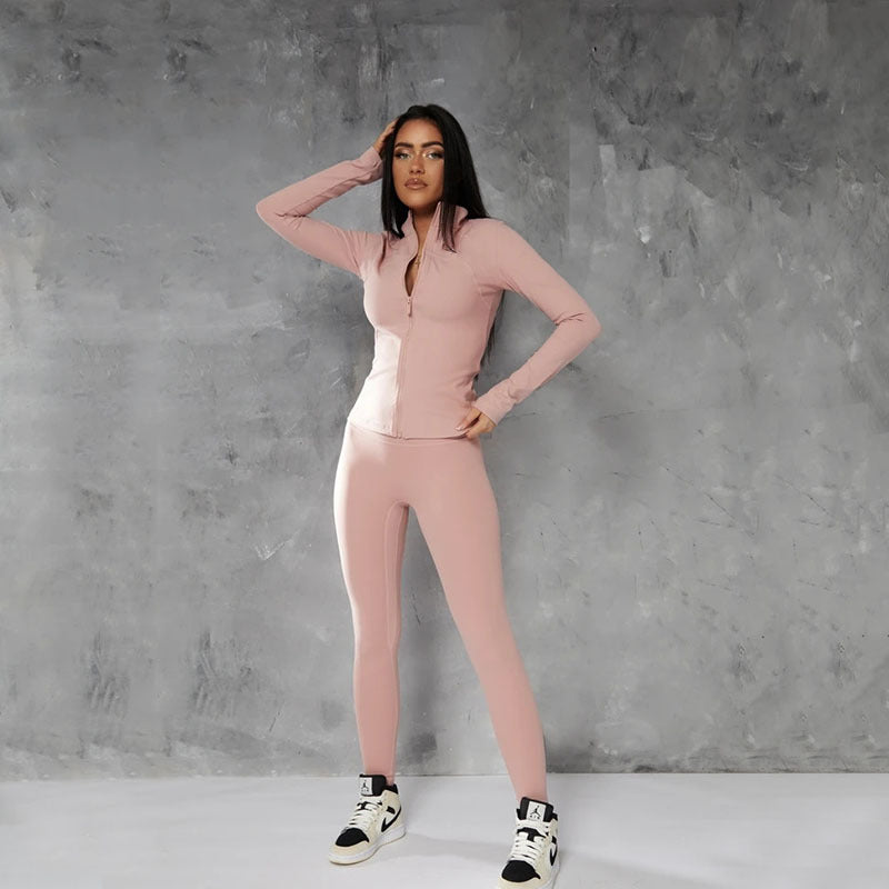 Solid Color Zip-Up Athletic Jacket With Long Pants Set