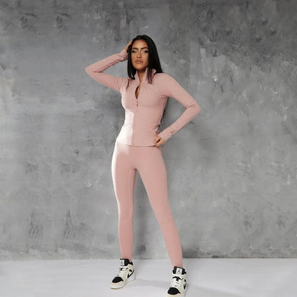 Solid Color Zip-Up Athletic Jacket With Long Pants Set