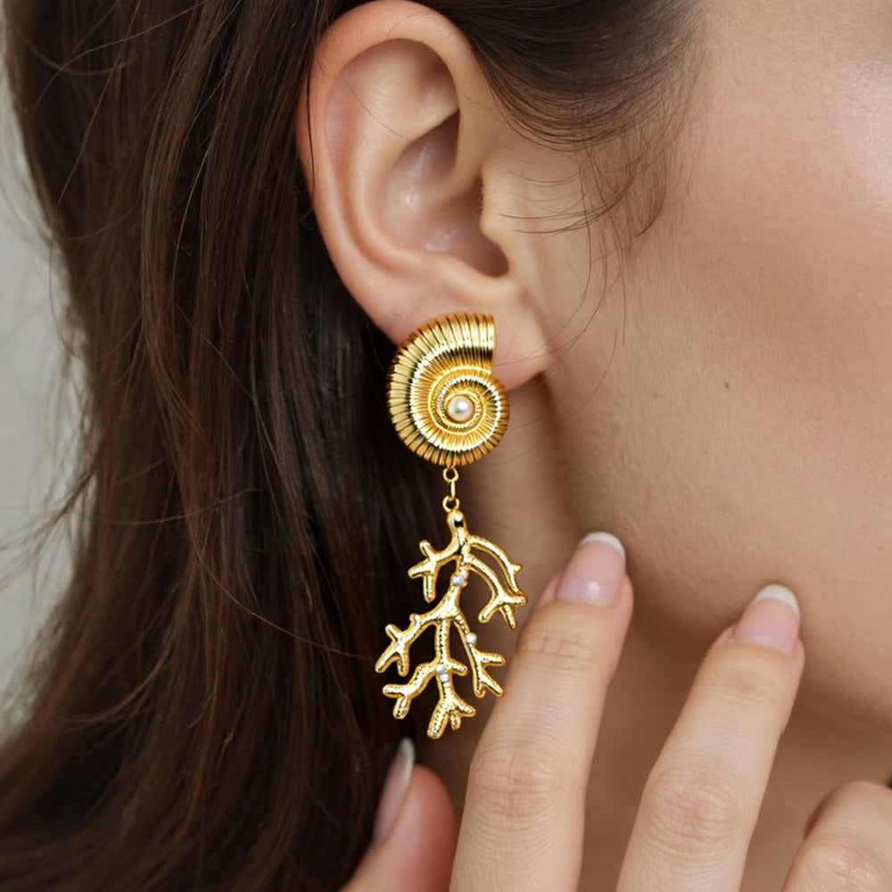 Coral Design Stainless Steel Shell Earrings Stylish Women's Jewelry
