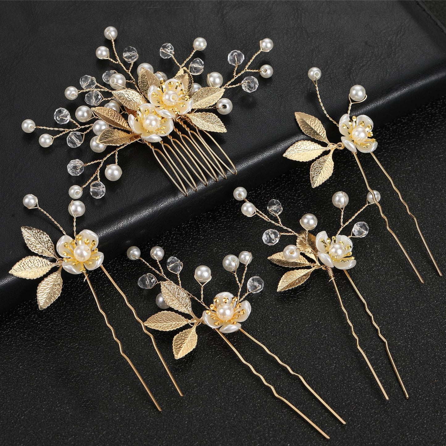 5-Piece Vintage Bridal Hair Clips with Pearls and Gold Leaves