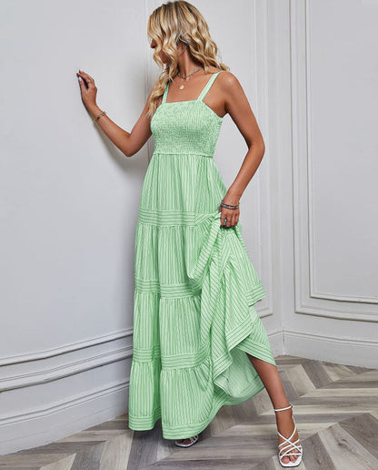 Solid Color Striped Spaghetti Long Dress
