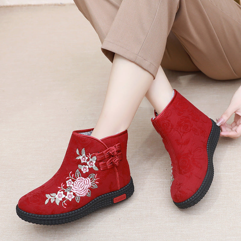Cloth Shoes, Women'S Cotton Shoes, Winter Plush Insulation, Mother'S Shoes, Retro Ethnic Style Embroidered Shoes, Short Boots, Grandmother'S Shoes