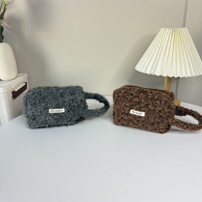Simple Plush Solid Color Cosmetic Bag With Handle
