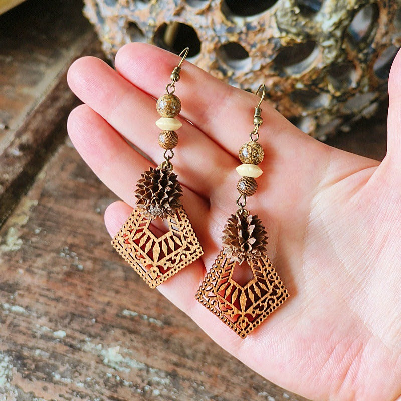 Geometric Bohemian Hollow Wood Earrings for Women