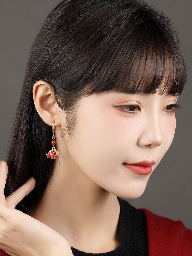 Antique Red Earrings With Cheongsam Retro Temperament Joker Jade Sterling Silver Ethnic Vintage Style Earrings